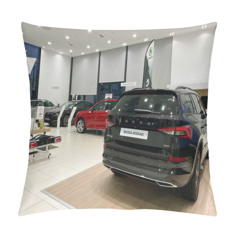 Personality  Wide Angle View Of Car Dealership Showroom Interior With Multiple Skoda Cars Inside And Focus On Black Skoda Kodiaq 4x4 SUV Pillow Covers