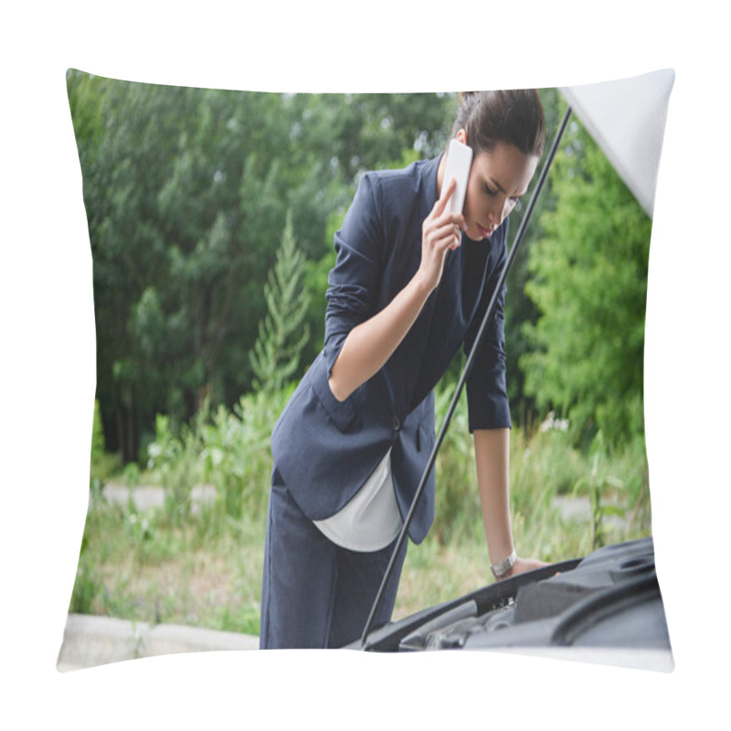 Personality  Attractive Businesswoman Talking By Smartphone And Looking In Open Car Hood Pillow Covers