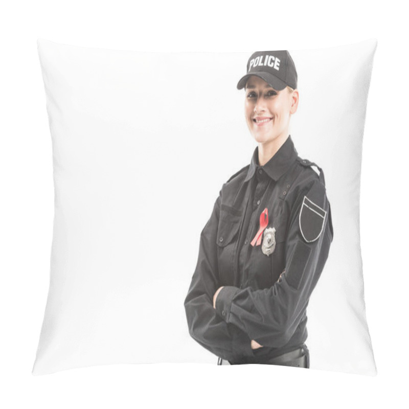 Personality  Happy Female Police Officer With Aids Awareness Red Ribbon Looking At Camera With Crossed Arms Isolated On White Pillow Covers