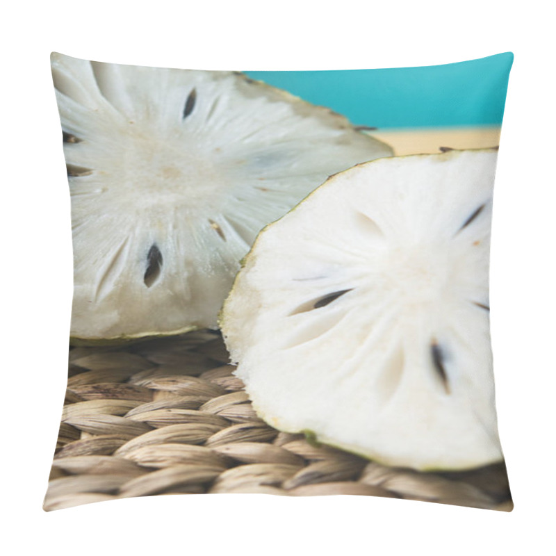 Personality  A Close-up View Of A Halved Soursop Fruit Placed On A White Plate Against A Natural, Woven Background, Highlighting Its Texture, Color, And Exotic Appeal Pillow Covers