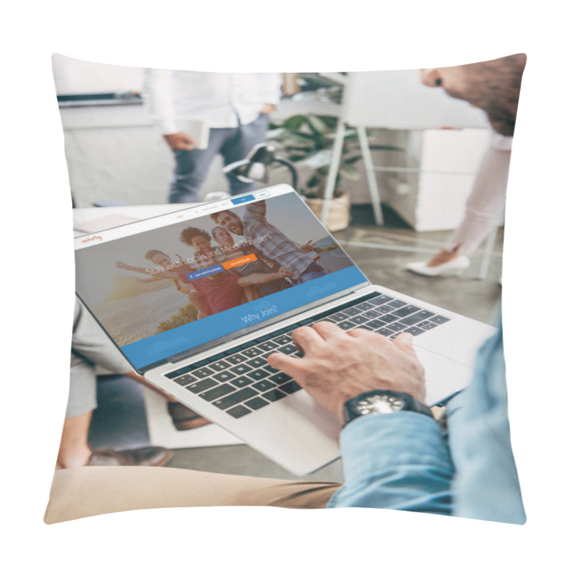 Personality  Cropped Shot Of Young Businessman Using Laptop With Couchsurfing Website On Screen  Pillow Covers