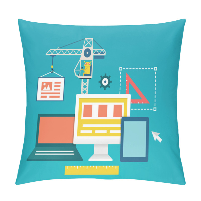 Personality  Vector Flat Illustration Of Process Coding And Programming Mobile Applications For Devices. Design And Programming Pillow Covers