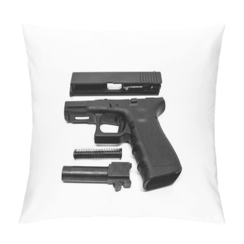 Personality  9mm Pistol Is Separated To Pieces On White Background. Pillow Covers