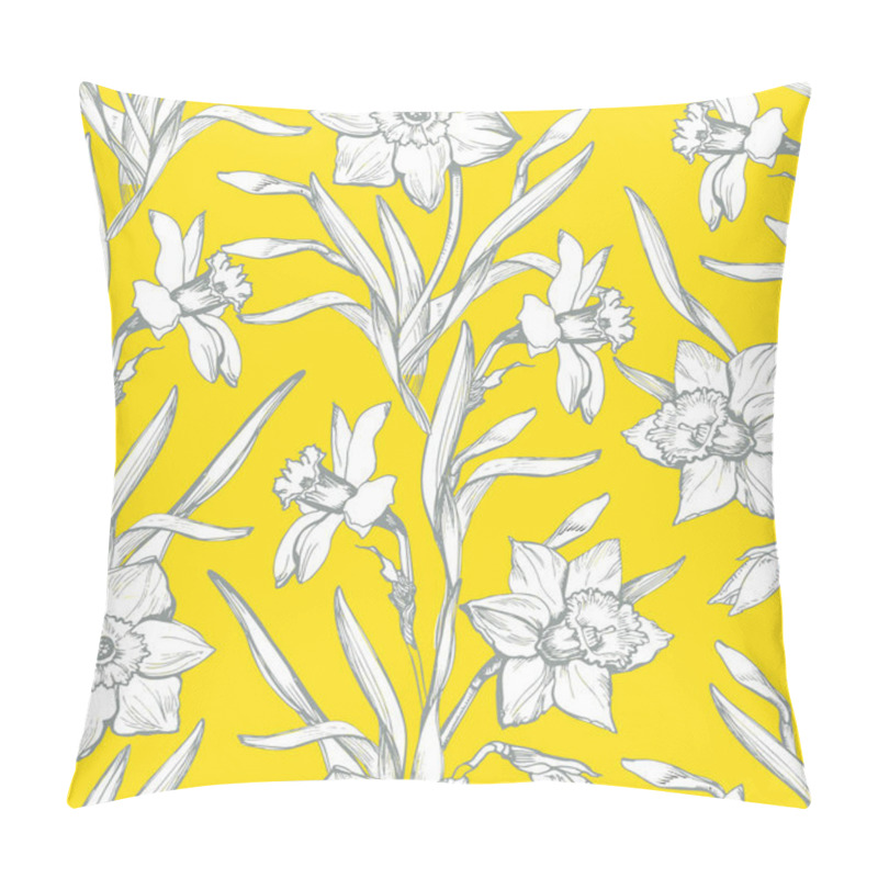 Personality  Botanical Seamless Pattern With Silhouette Of Flowers Daffodils, Narcissus On Yellow Pillow Covers