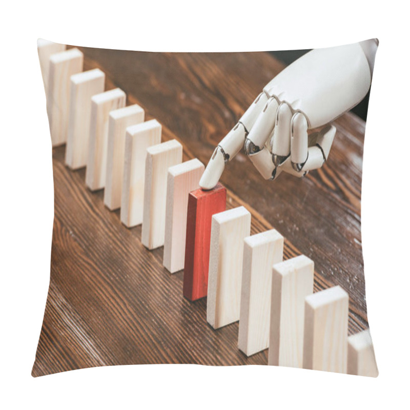 Personality  Selective Focus Of Robotic Hand Picking Red Wooden Brick From Row Of Blocks On Desk Pillow Covers