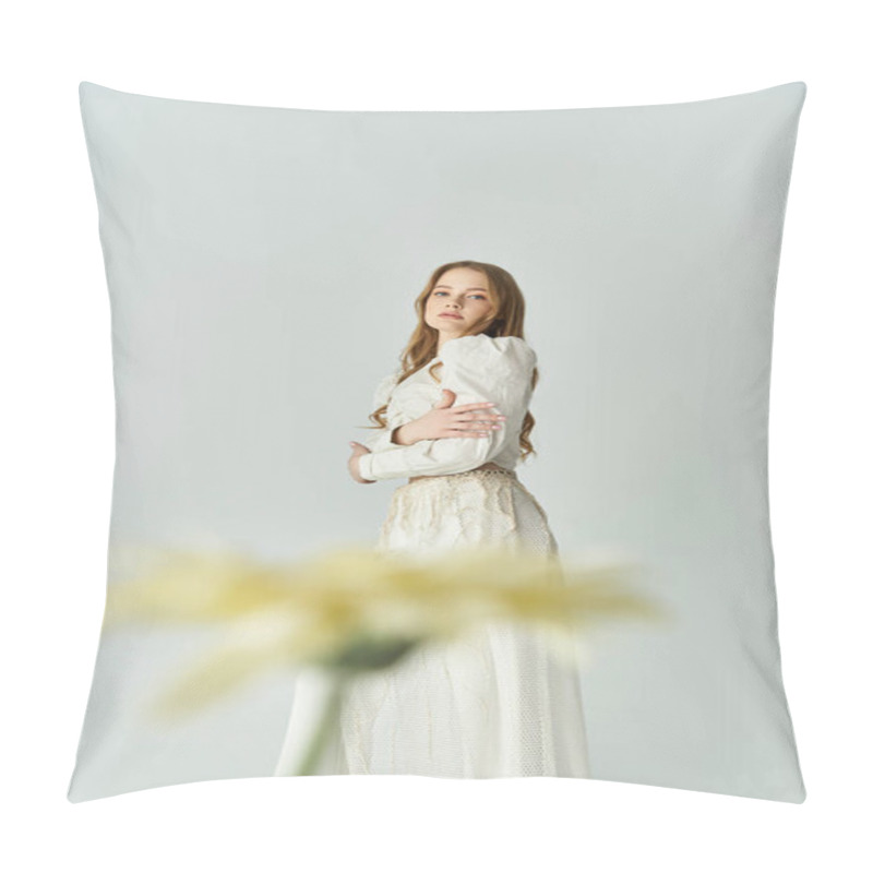 Personality  A Young Woman Holds Flowers, Embodying Grace And Beauty In A Soft, Bright Atmosphere. Pillow Covers