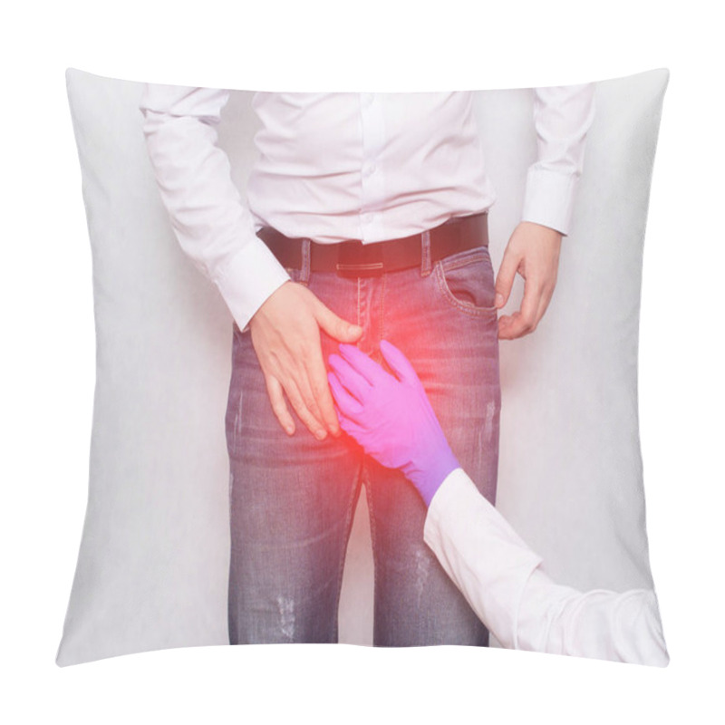 Personality  A Doctor In A Medical Glove Holds On To The Groin Area Of A Male Patient. Concept Of Genitourinary Diseases, Varicocele And Prostatitis In Men, Hypothermia Pillow Covers