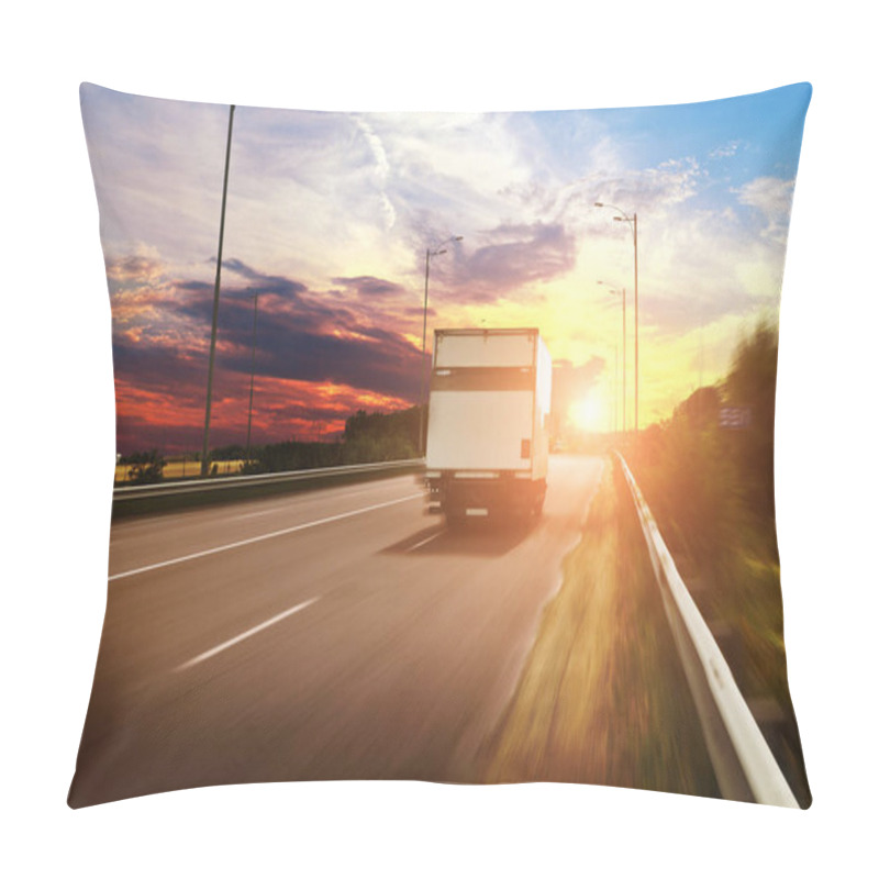 Personality  White Box Truck Driving Fast On Countryside Road Against Sky With Beautiful Sunset Pillow Covers