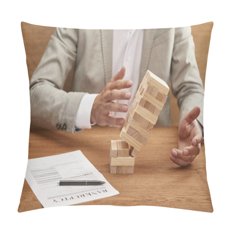 Personality  Partial View Of Businessman In Suit Breaking Tower Made Of Wooden Blocks Near Bankruptcy Form Pillow Covers