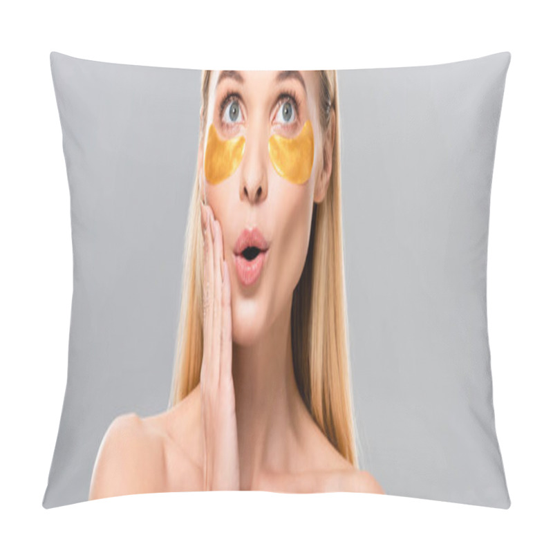 Personality  Panoramic Shot Of Shocked Naked Blonde Young Woman With Eye Patches Isolated On Grey Pillow Covers