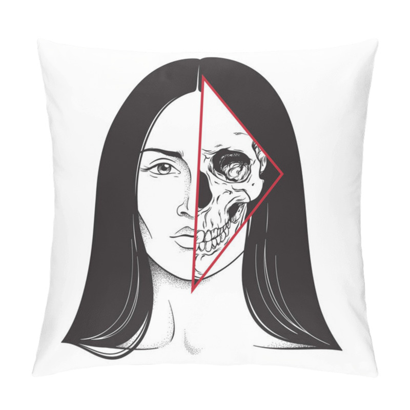 Personality  Beautiful Brunette With Half Skull Face Hand Drawn Black And White Line Art And Dot Work. Flash Tattoo, Poster Or Print Design Vector Illustration Pillow Covers