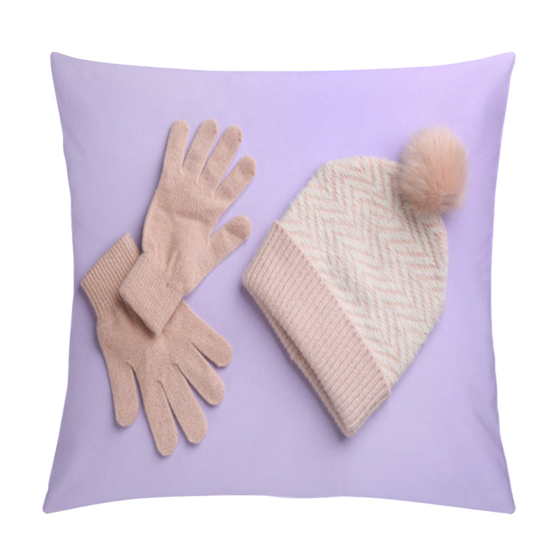 Personality  Woolen Gloves And Hat On Violet Background, Flat Lay Pillow Covers