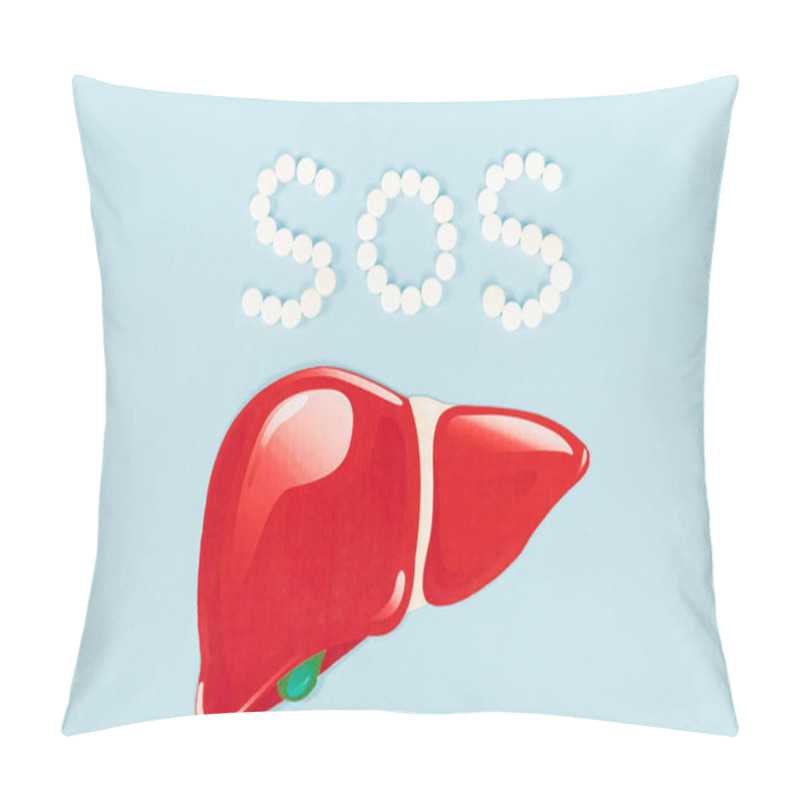 Personality  Top View Of Sos Lettering Near Drawn Liver On Blue  Pillow Covers