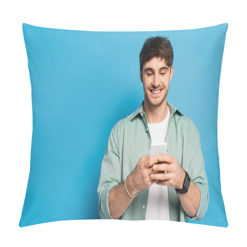 Personality  Cheerful Young Man Chatting On Smartphone On Blue Pillow Covers