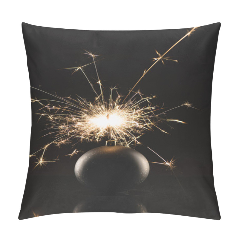 Personality  Close Up View Of Burning Sparklers In Christmas Toy Isolated On Black Pillow Covers