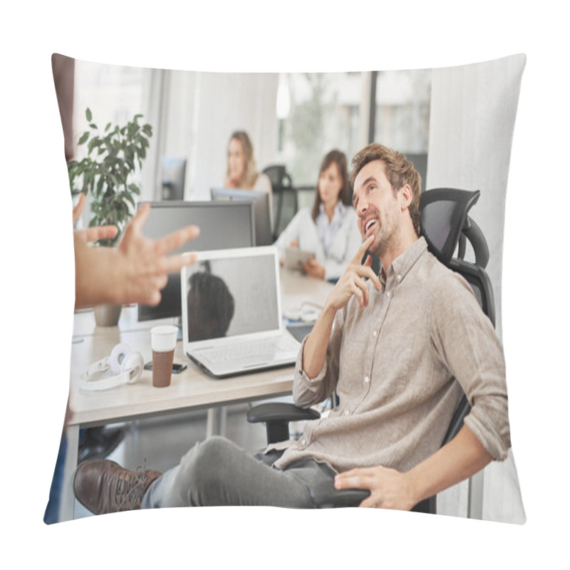 Personality  Smiling Caucasian CEO Sitting At Office And Talking To Employee. In Backgrounds Employees Working. Pillow Covers