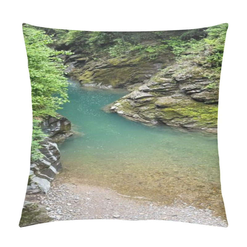 Personality  Turquoise Water In Gorge Near Lake Como In Bellano, Italy. A Tranquil Turquoise River Flows Through A Narrow Gorge Near Lake Como In Bellano, Italy, Surrounded By Moss-covered Rocks And Vibrant Green Pillow Covers