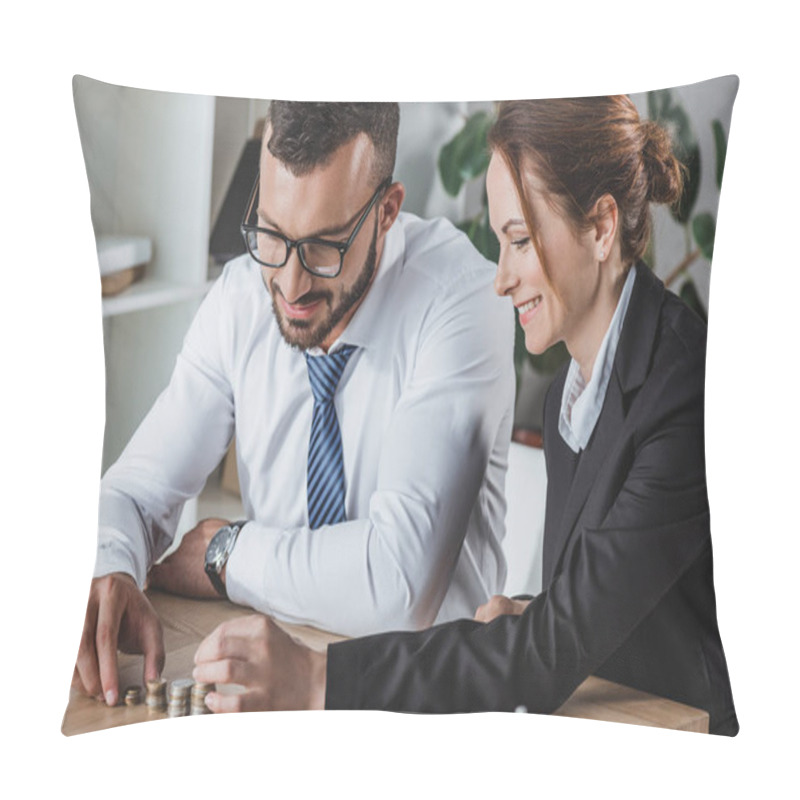 Personality  Happy Financiers Stacking Coins On Table In Office Pillow Covers