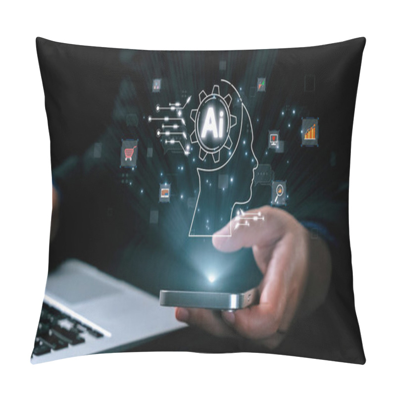 Personality  Human Interact With AI Artificial Intelligence Brain Processor In Concept Of AI Artificial Intelligence Engineering, Big Data And AI Machine Learning To Use Generative AI For Business Support. UUID Pillow Covers