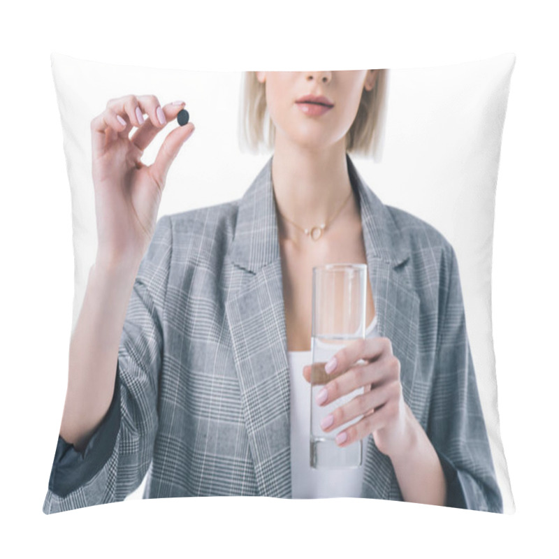 Personality  Cropped View Of Woman Holding Glass Of Water And Activated Carbon Tablet, Isolated On White Pillow Covers