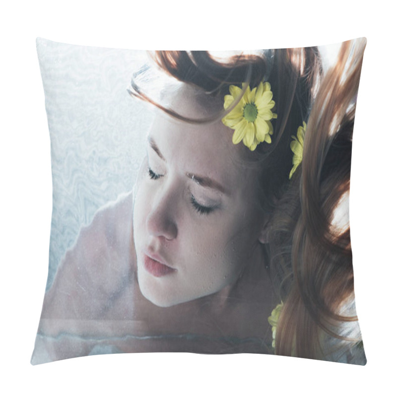 Personality  Close Up Of Beautiful Girl Posing Underwater With Yellow Flowers Pillow Covers