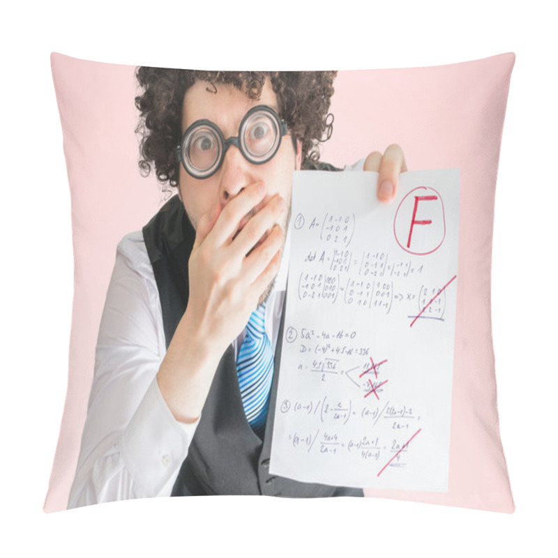 Personality  Unsuccessful Student Is Showing Math Exam With Bad Results. Pillow Covers