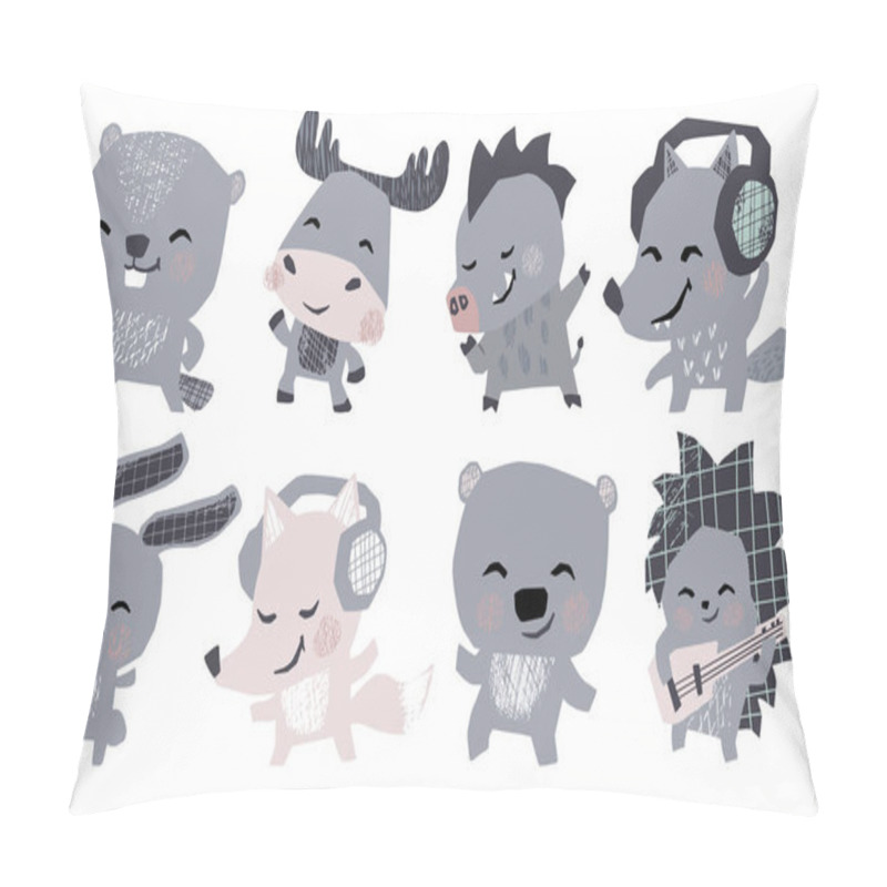 Personality  Moose, Bunny, Bear, Fox, Hedgehog, Wolf, Boar, Beaver Musik Band Cute Set. Animals Dance, Plays Guitar, Lisen Headphones. Pillow Covers