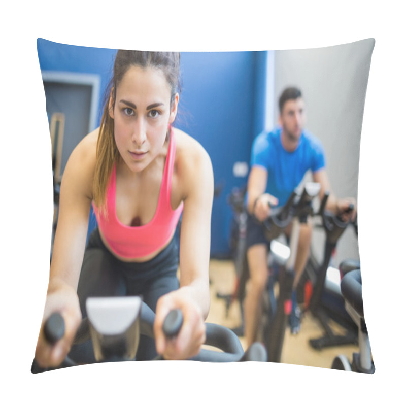 Personality  Couple Using Exercise Bikes Pillow Covers