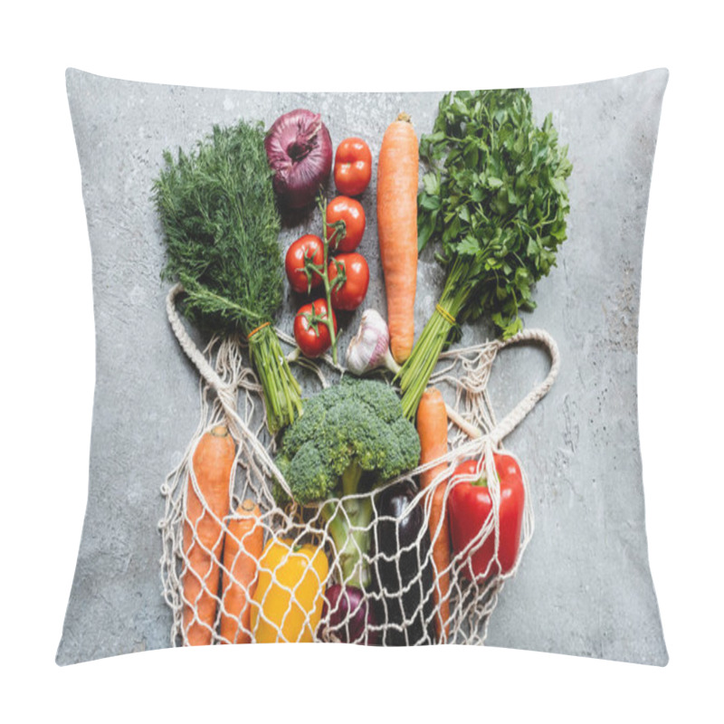 Personality  Top View Of Fresh Ripe Vegetables In String Bag On Grey Concrete Surface Pillow Covers