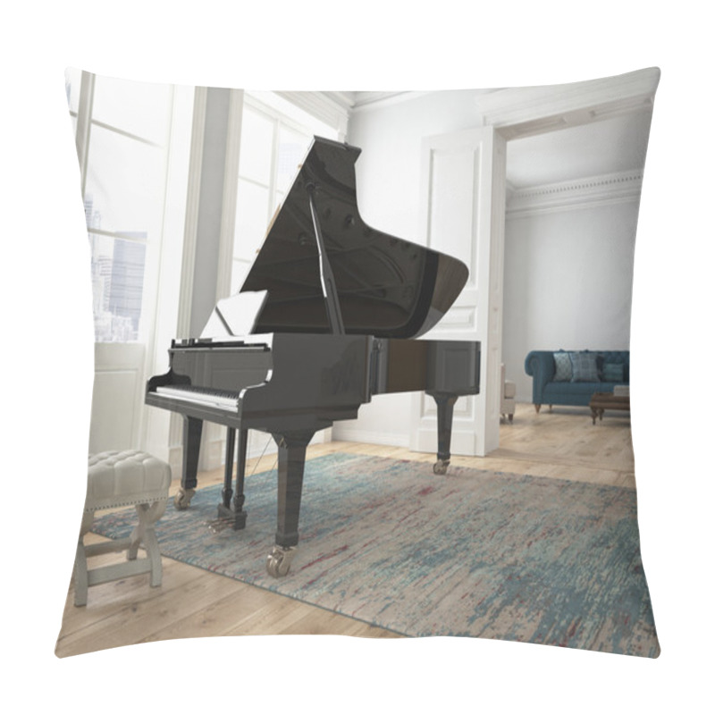 Personality  Black Piano In A Living Room. 3d Rendering Pillow Covers