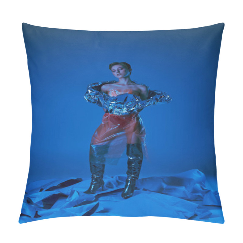 Personality  Woman In Sustainable Outfit On Blue Fabric, Bathed In Blue Light Pillow Covers