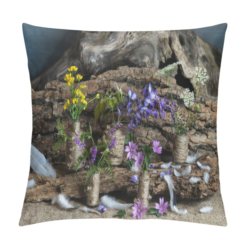 Personality  Composition, Ikebana, Still Life Of Summer Wildflowers, Tree Roots, Snail Shell, Bird Feathers, Field Grass Spikes. Pillow Covers