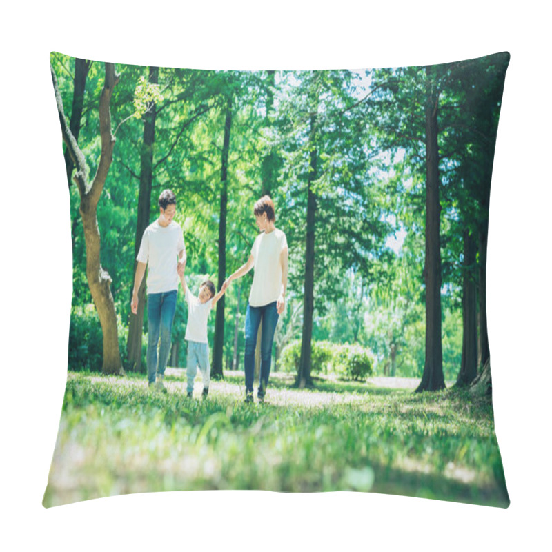 Personality  Parents And Their Child Exploring The Woods On Fine Day Pillow Covers