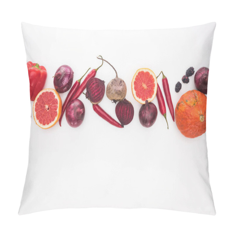 Personality  Top View Of Raw Red And Purple Autumn Vegetables, Berries And Fruit On White Background Pillow Covers