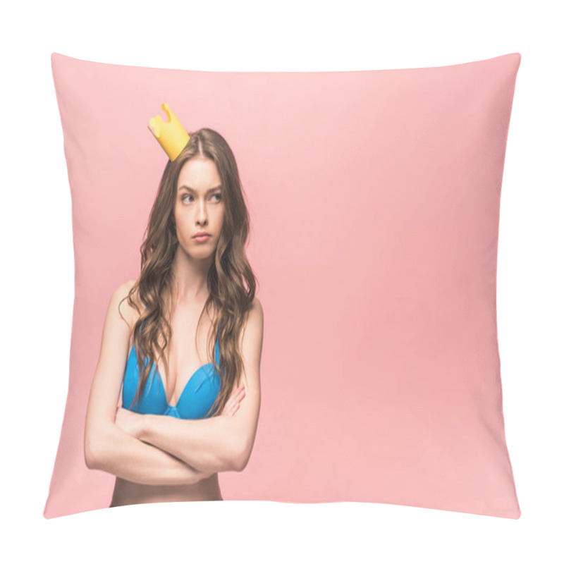 Personality  Dissatisfied Girl In Bikini And Crown Posing With Crossed Arms Isolated On Pink Pillow Covers