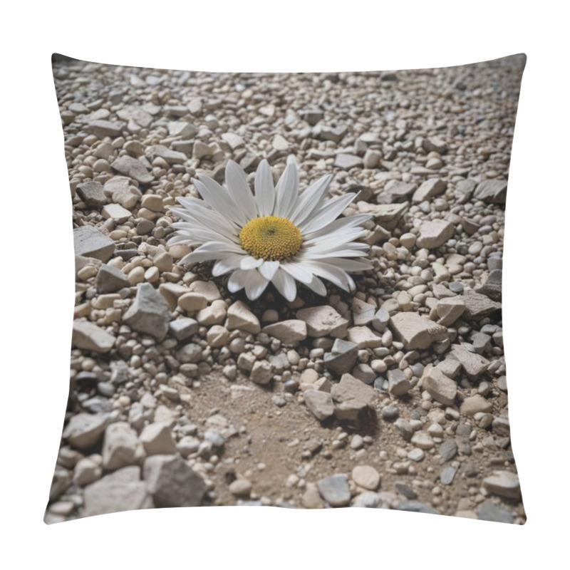 Personality  The Image Presents A Close-up View Of A White Daisy Flower, With Its Center Vividly Colored In Yellow, Resting Atop A Scattered Bed Of Small, Irregularly Shaped Light-colored Rocks. The Daisy Is The Pillow Covers