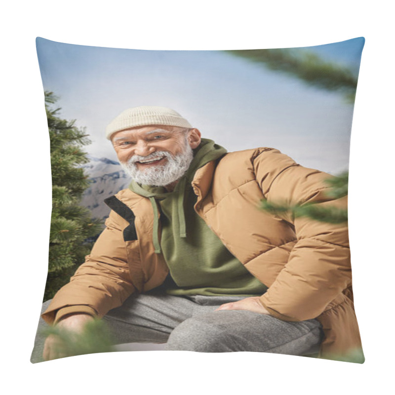 Personality  Cheerful Happy Santa In White Hat And Warm Jacket Sitting And Smiling At Camera, Winter Concept Pillow Covers