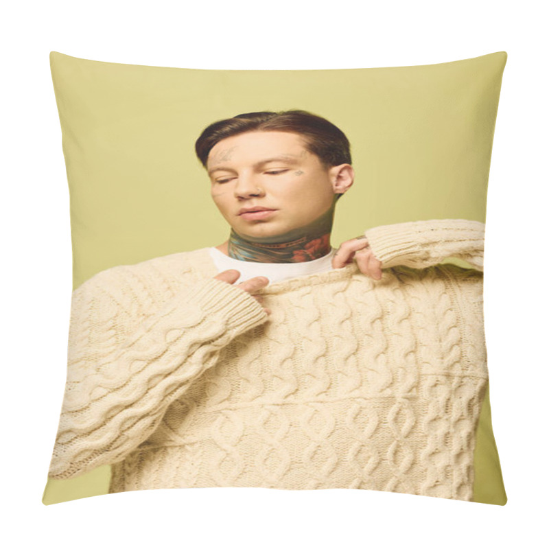 Personality  The Young Man Adjusts His Sweater, Showcasing Intricate Tattoos And A Contemplative Expression. Pillow Covers