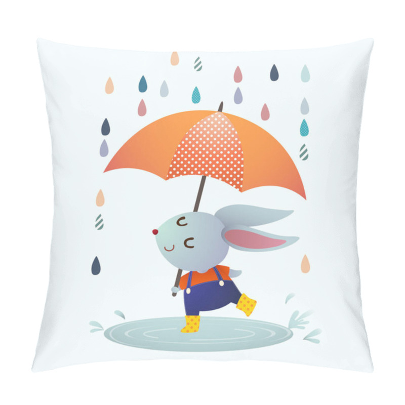 Personality  Vector Illustration Cartoon Gray Rabbit Splashing In A Puddle In Rainy Day Pillow Covers