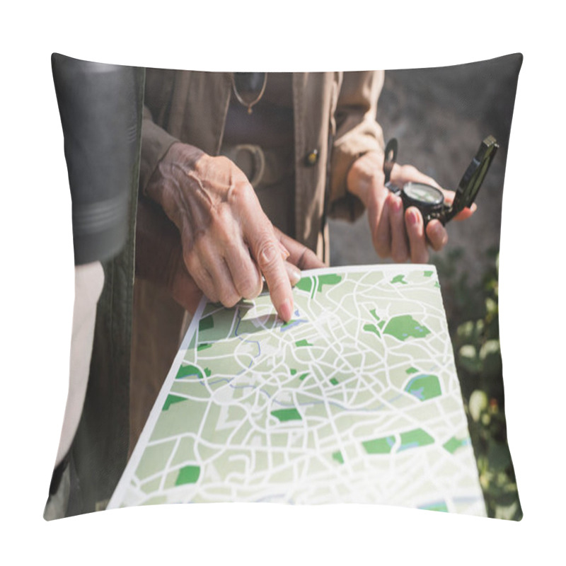 Personality  Cropped View Of Senior Woman With Compass Pointing At Map Near African American Husband  Pillow Covers