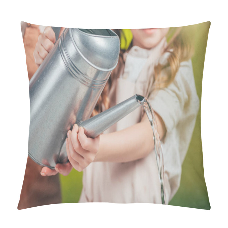 Personality  Selective Focus Of Woman And Kid With Watering Can On Blurred Background, Earth Day Concept Pillow Covers