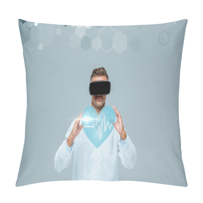 Personality  Scientist In Virtual Reality Headset Holding Heart With Heartbeat Isolated On Grey, Artificial Intelligence Concept Pillow Covers