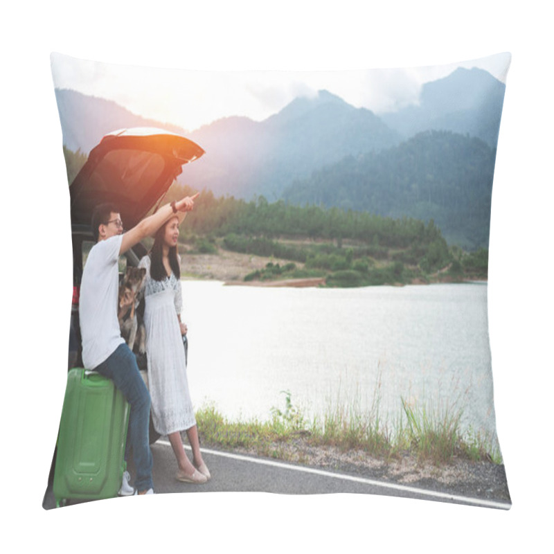 Personality  Happy And Young Asian Couple Enjoying Life Travel With Pets. Couple Travelers Sitting In Car Trunk Playing With Dogs And Pointing To Sky At Countryside. Lifestyle Travel Adventure And Outdoor Vacation. Pillow Covers