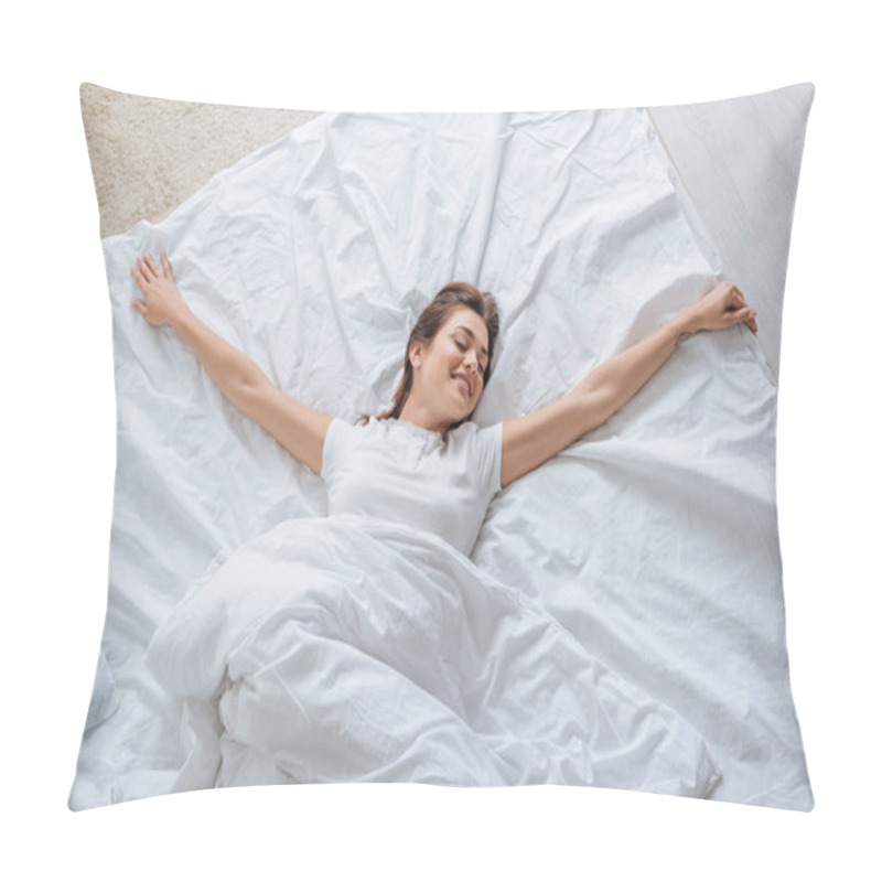 Personality  Top View Of Smiling Young Woman With Closed Eyes Resting In Bed  Pillow Covers