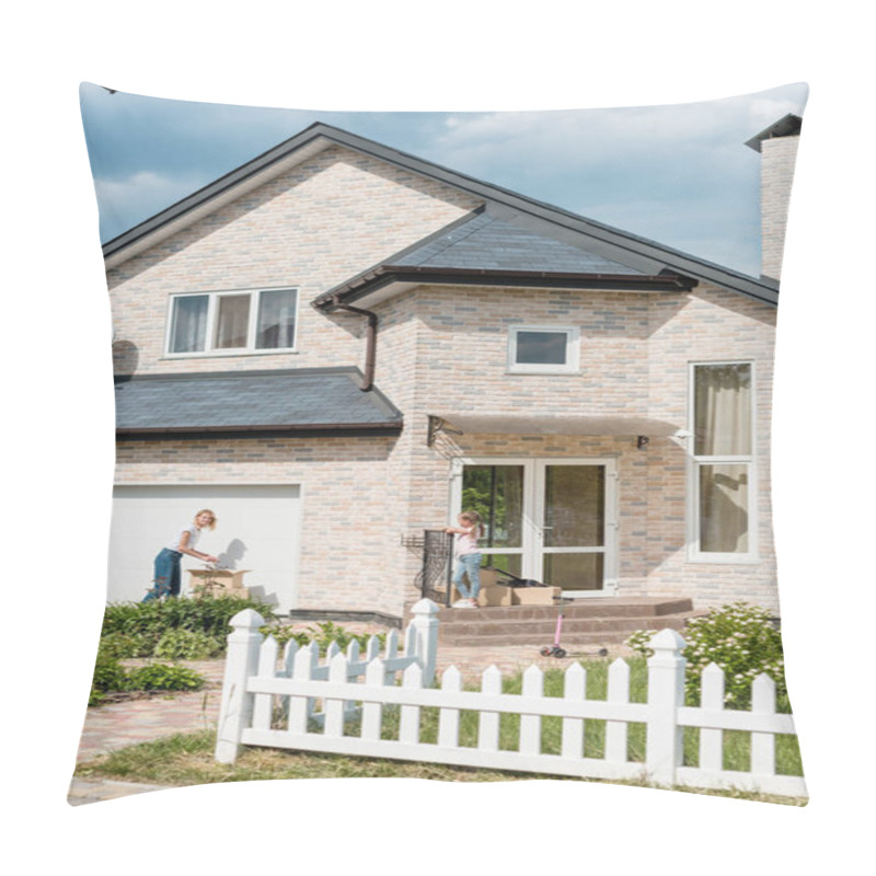 Personality  Distant View Of Woman Unpacking Cardboard Boxes While Daughter Standing On Stairs Of New Cottage Pillow Covers