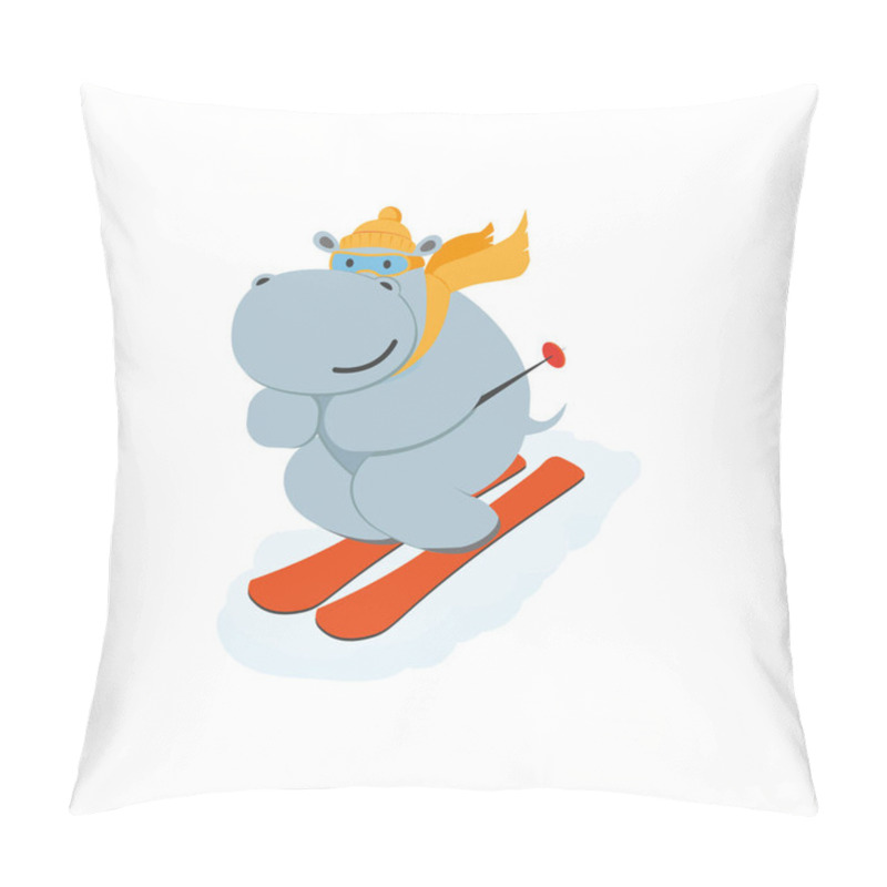 Personality  Vector Flat Cartoon Funny Hippo Character Skiing Pillow Covers