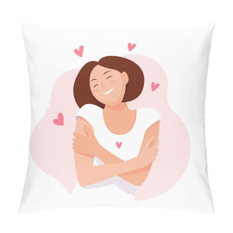 Personality  Woman Hugging Herself With Hearts On White Background. Love Yourself. Love Your Body Concept. Vector Illustration. Pillow Covers