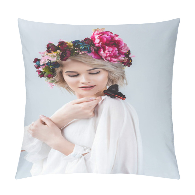 Personality  Attractive Model Posing In Floral Wreath With Butterfly On Shoulder, Isolated On Grey Pillow Covers