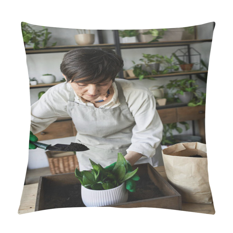 Personality  A Gardener Lovingly Cares For Her Plants In A Cozy Studio. Pillow Covers