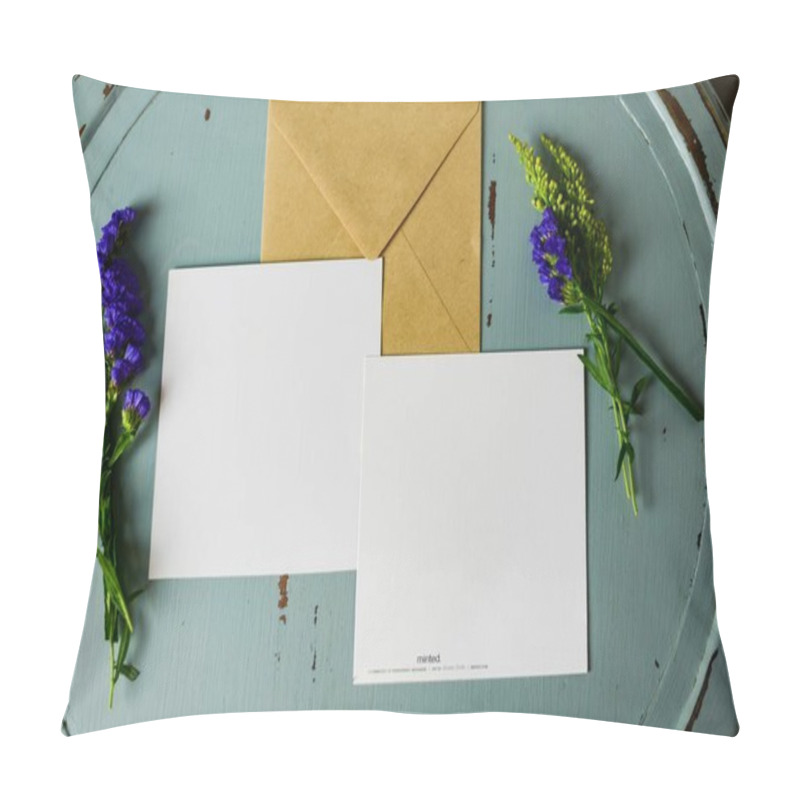 Personality  Delicate Arrangement Of Blank Cards And Flowers On A Rustic Table. Pillow Covers